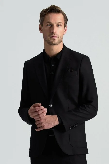 İtalyan Yün Kaşmir Karışım Siyah Blazer Ceket
