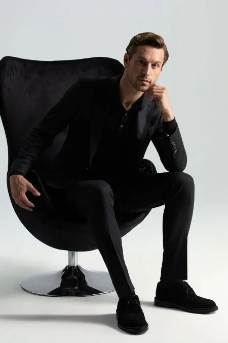 İtalyan Yün Kaşmir Karışım Siyah Blazer Ceket