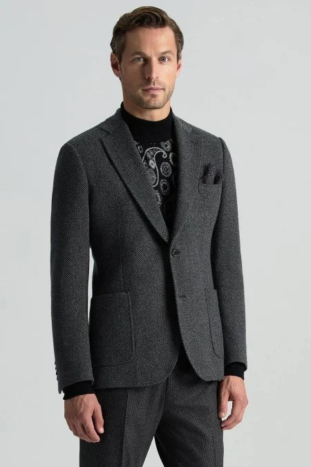 İtalyan Yün Kaşmir Karışım Siyah Blazer Ceket