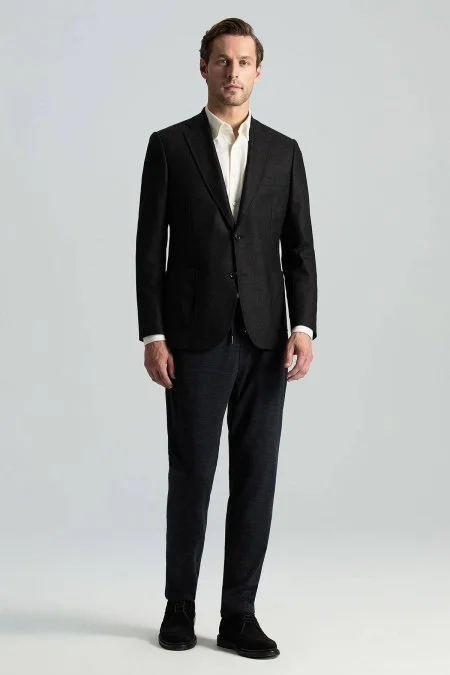 İtalyan Yün Kaşmir Karışım Siyah Blazer Ceket