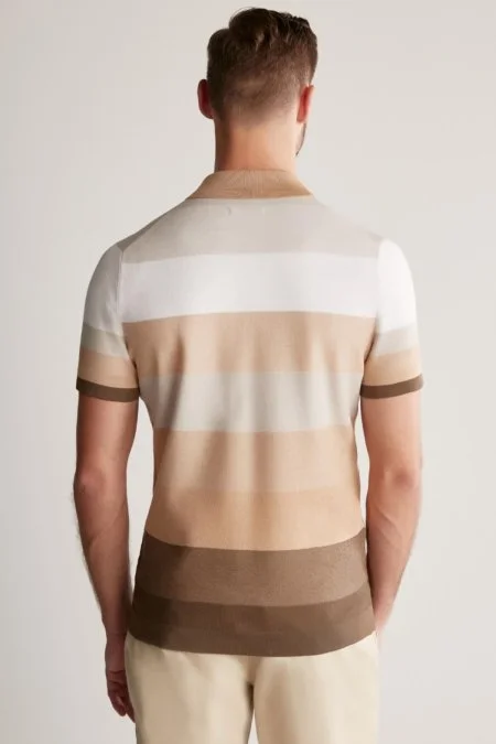 Kahverengi Çizgili Fermuarlı Yaka Merserize Pamuk Triko Polo