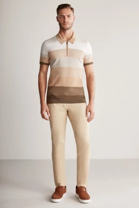 Kahverengi Çizgili Fermuarlı Yaka Merserize Pamuk Triko Polo