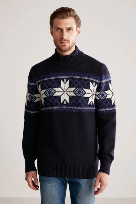 Kar Desen Lupetto Yaka Lambswool Lacivert Kazak