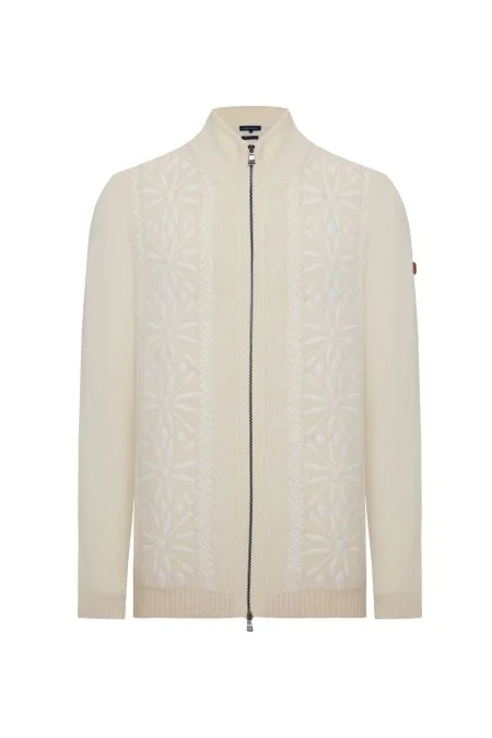 Kar Desen Nakışlı Kaşmir Yün Karışım Ekru Triko Ceket