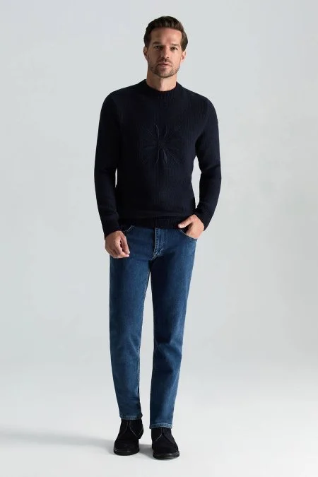 Kaşmir Yün Karışım Kar Desenli Lacivert Kazak