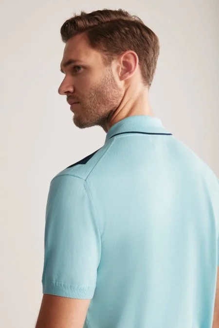 Kare Desen Giza Pamuk Mavi Triko Polo