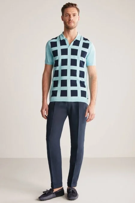 Kare Desen Giza Pamuk Mavi Triko Polo