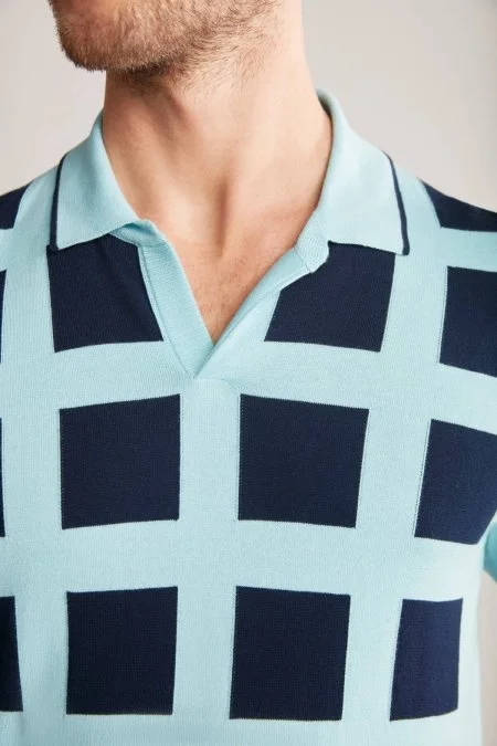Kare Desen Giza Pamuk Mavi Triko Polo