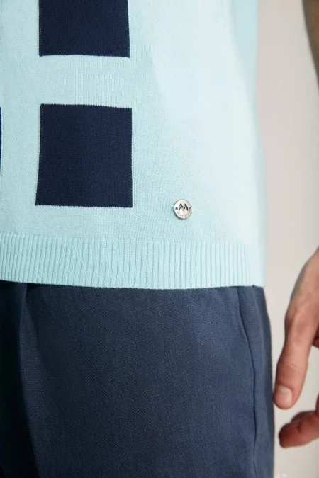 Kare Desen Giza Pamuk Mavi Triko Polo