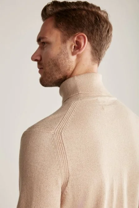 Kaşmir İpek Karışımlı Balıkçı Yaka Camel Kazak