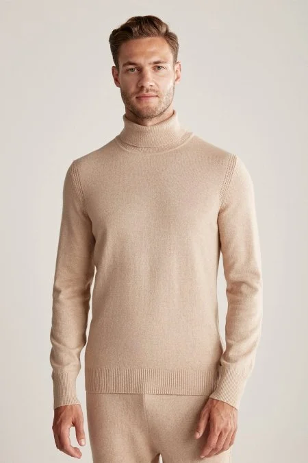 Kaşmir İpek Karışımlı Balıkçı Yaka Camel Kazak