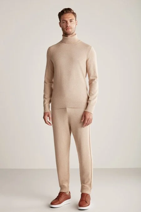 Kaşmir İpek Karışımlı Balıkçı Yaka Camel Kazak