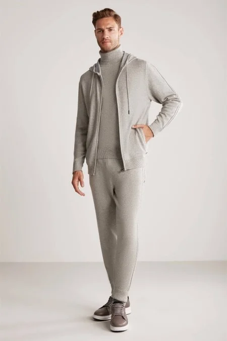 Kaşmir-İpek Karışım Kapüşonlu Gri Spor Ceket