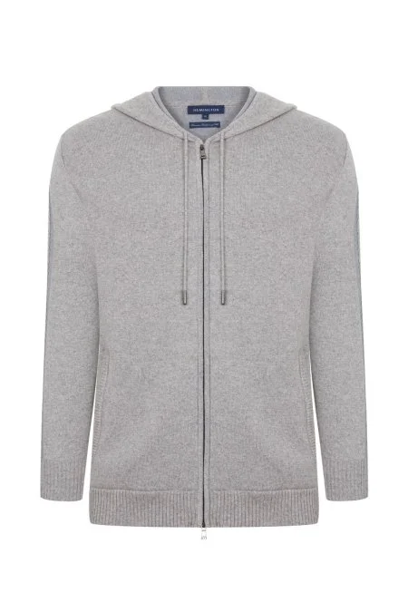 Kaşmir-İpek Karışım Kapüşonlu Gri Spor Ceket