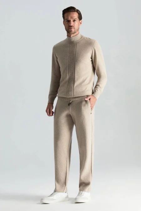 Kaşmir-İpek-Yün Karışım Lupetto Yaka Açık Bej Kazak