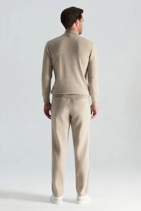 Kaşmir-İpek-Yün Karışım Lupetto Yaka Açık Bej Kazak