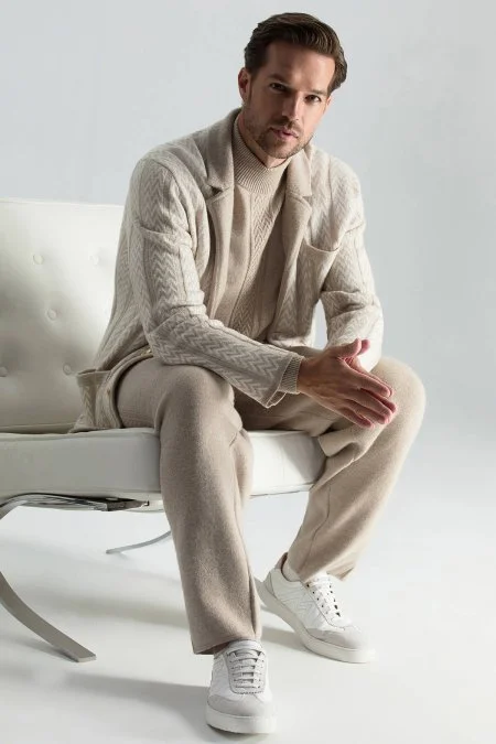 Kaşmir-İpek-Yün Karışım Lupetto Yaka Açık Bej Kazak