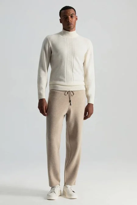 Kaşmir-İpek-Yün Karışım Lupetto Yaka Ekru Kazak