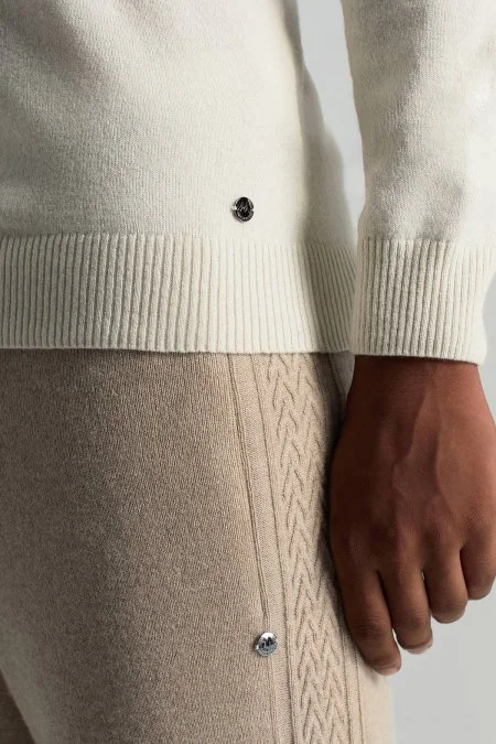 Kaşmir-İpek-Yün Karışım Lupetto Yaka Ekru Kazak