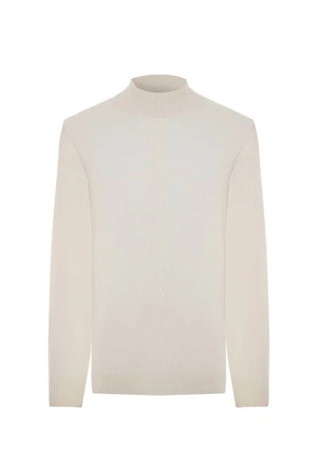 Kaşmir-İpek-Yün Karışım Lupetto Yaka Ekru Kazak