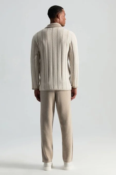 Kaşmir-İpek-Yün Karışım M Desenli Açık Bej Triko Blazer Ceket