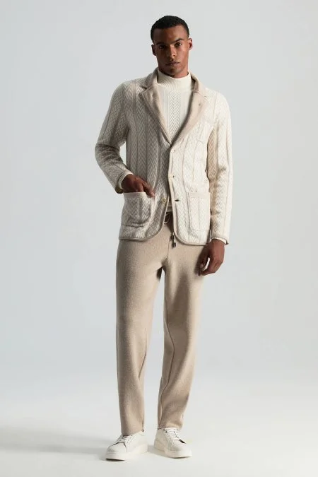 Kaşmir-İpek-Yün Karışım M Desenli Açık Bej Triko Blazer Ceket