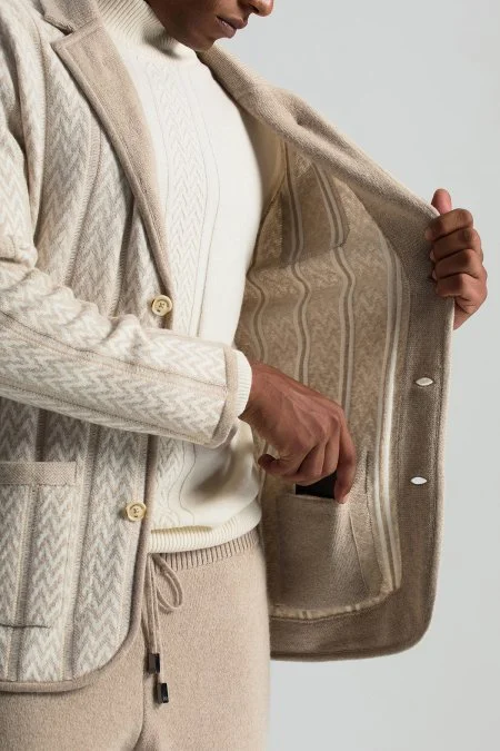 Kaşmir-İpek-Yün Karışım M Desenli Açık Bej Triko Blazer Ceket