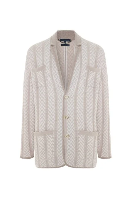 Kaşmir-İpek-Yün Karışım M Desenli Açık Bej Triko Blazer Ceket