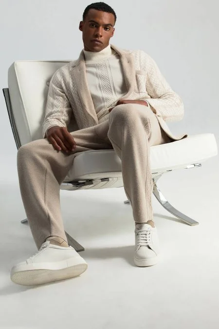 Kaşmir-İpek-Yün Karışım M Desenli Açık Bej Triko Pantolon