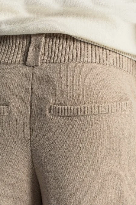 Kaşmir-İpek-Yün Karışım M Desenli Açık Bej Triko Pantolon