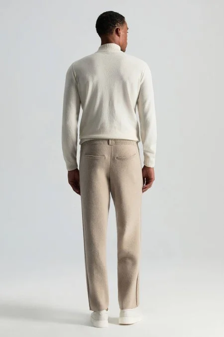 Kaşmir-İpek-Yün Karışım M Desenli Açık Bej Triko Pantolon