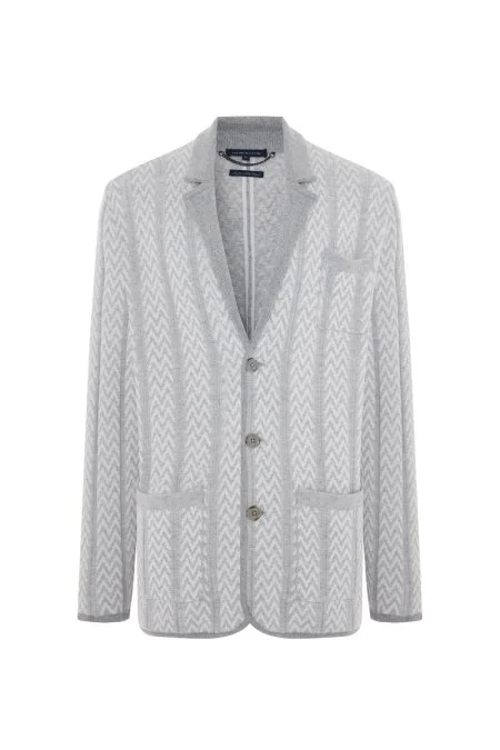 Kaşmir-İpek-Yün Karışım M Desenli Açık Gri Triko Blazer Ceket