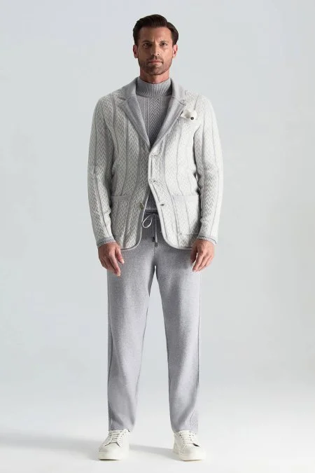 Kaşmir-İpek-Yün Karışım M Desenli Açık Gri Triko Blazer Ceket Kaşmir-İpek-Yün Karışım M Desenli Açık Gri Triko Blazer Ceket