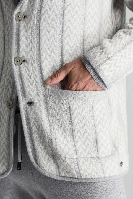Kaşmir-İpek-Yün Karışım M Desenli Açık Gri Triko Blazer Ceket
