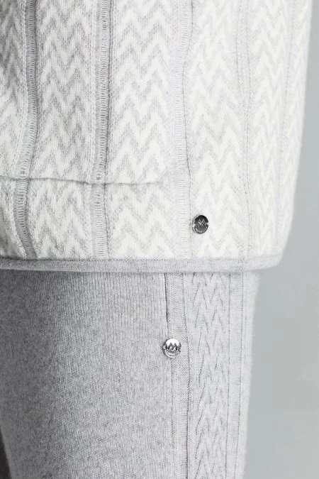 Kaşmir-İpek-Yün Karışım M Desenli Açık Gri Triko Blazer Ceket