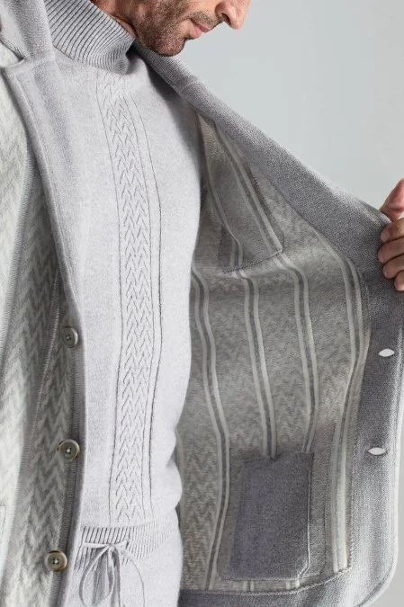 Kaşmir-İpek-Yün Karışım M Desenli Açık Gri Triko Blazer Ceket