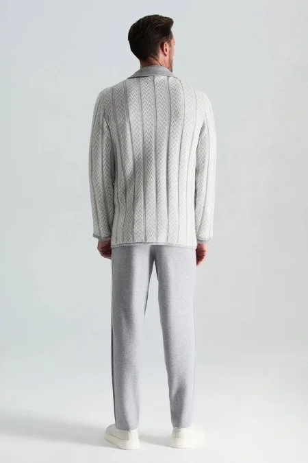 Kaşmir-İpek-Yün Karışım M Desenli Açık Gri Triko Blazer Ceket