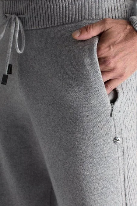 Kaşmir-İpek-Yün Karışım M Desenli Açık Gri Triko Pantolon