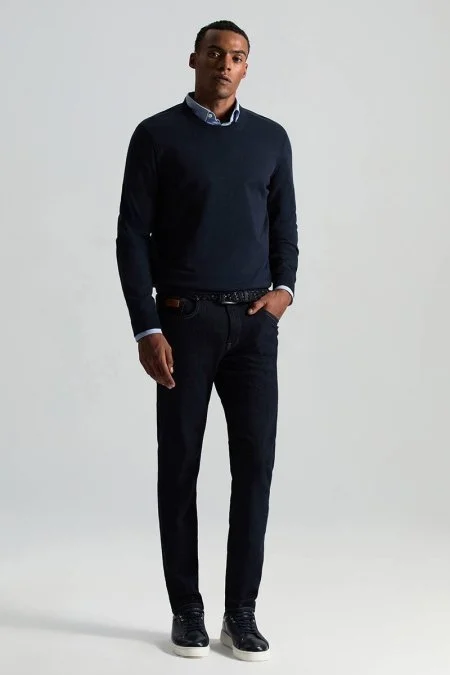 Kaşmir Karışım Bisiklet Yaka Lacivert Triko