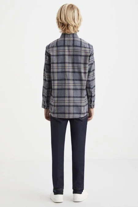 Kaşmir Karışım Ekose Desenli Lacivert Çocuk Gömlek