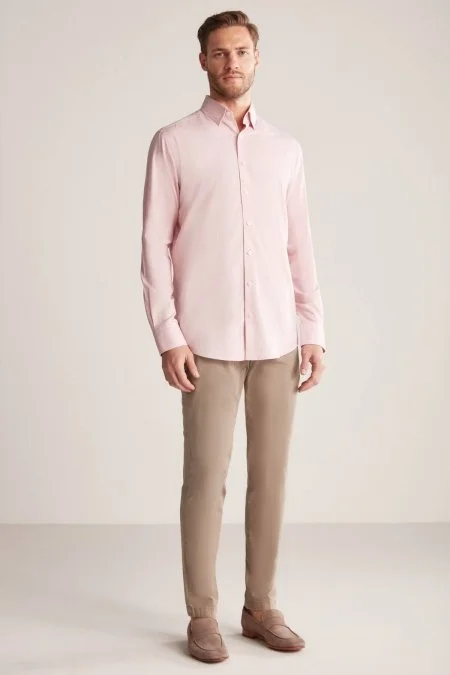 Kaşmir Karışım Gizli Düğme Pembe Business Gömlek