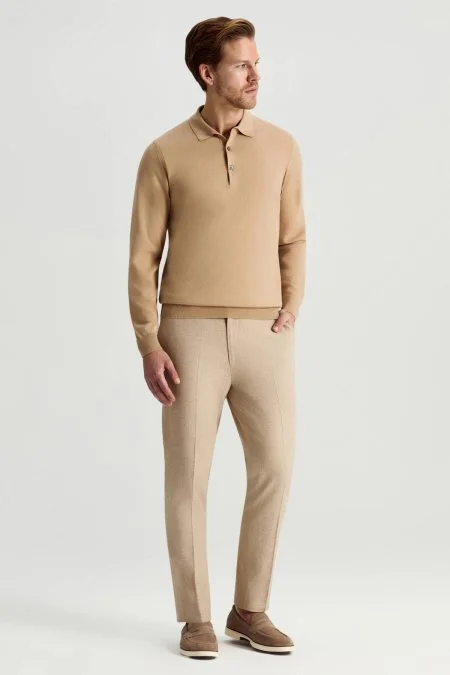 Kaşmir Pamuk Karışım Polo Yaka Camel Triko