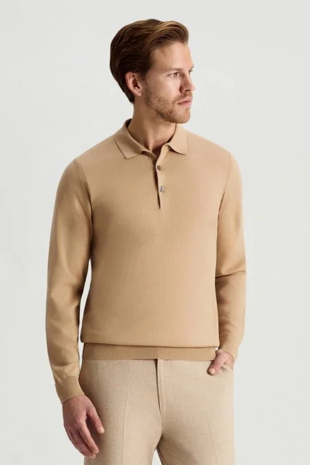Kaşmir Pamuk Karışım Polo Yaka Camel Triko