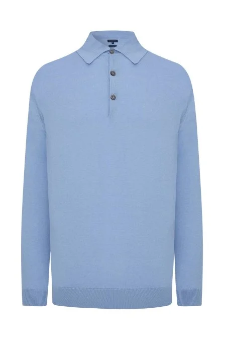 Kaşmir Pamuk Karışım Polo Yaka Gök Mavisi Triko