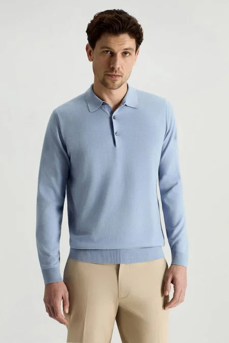 Kaşmir Pamuk Karışım Polo Yaka Gök Mavisi Triko