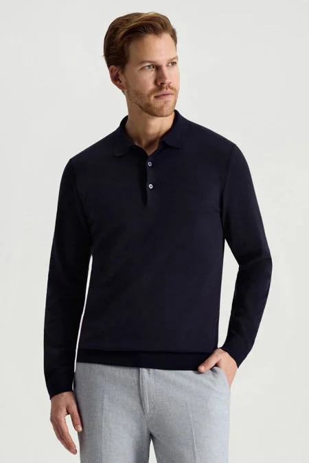 Kaşmir Pamuk Karışım Polo Yaka Lacivert Triko