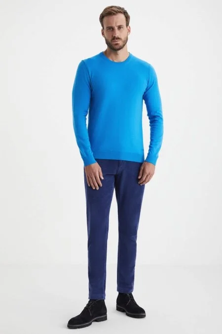 Kaşmir Karışım Bisiklet Yaka Mavi Triko