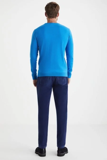Kaşmir Karışım Bisiklet Yaka Mavi Triko