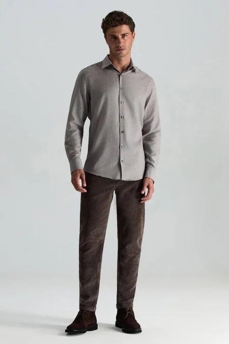 Kaşmir Karışım Gizli Düğme Koyu Kahve Gömlek