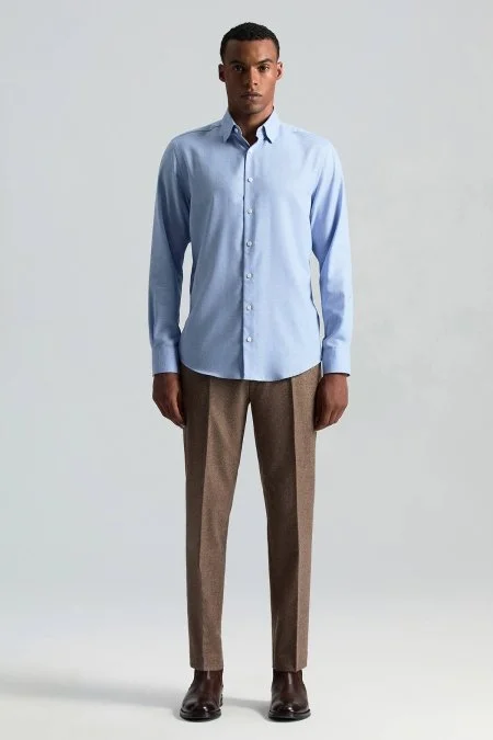 Kaşmir Karışım Gizli Düğme Mavi Gömlek